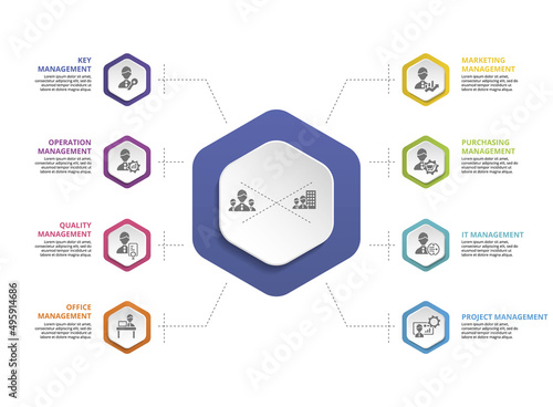 Infographic Company Management icons vector illustration. 8 colored steps info template with editable text.
