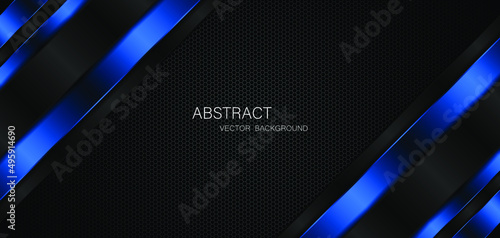 Abstract black and blue stripes overlap on dark steel mesh background with free space for design. modern technology innovation concept background
