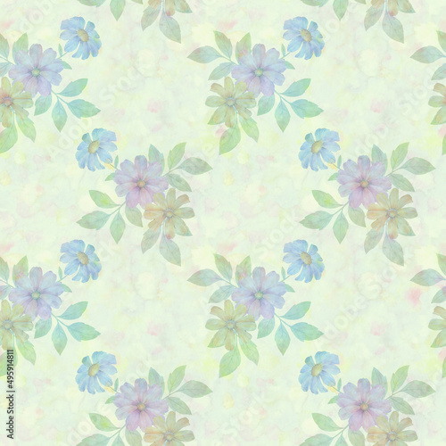 Watercolor flower prints with leaves repeating seamless pattern. Digital hand-drawn picture of flowers with a watercolor texture. endless motif for textile decor  wallpaper  packaging and design