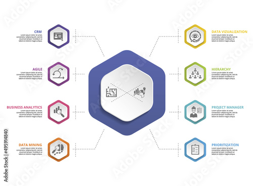 Infographic Business Intelligence icons vector illustration. 8 colored steps info template with editable text.