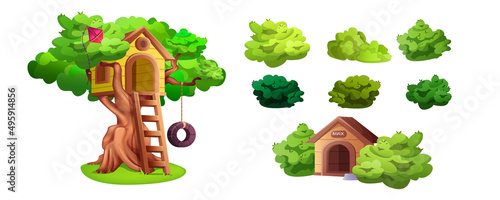 Set of tree house, green garden bushes and doghouse isolated cartoon elements. Treehouse with wooden ladder, kite and tire swing for playing kids. Place for games and children activities in summer.