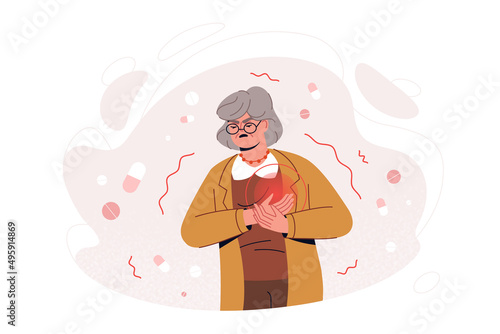Flat old woman feel sharp chest pain, heart attack failure symptoms. Adult person clutching breast with painful facial expression. Sudden pressure, cardiac discomfort. Cardiovascular disease concept.