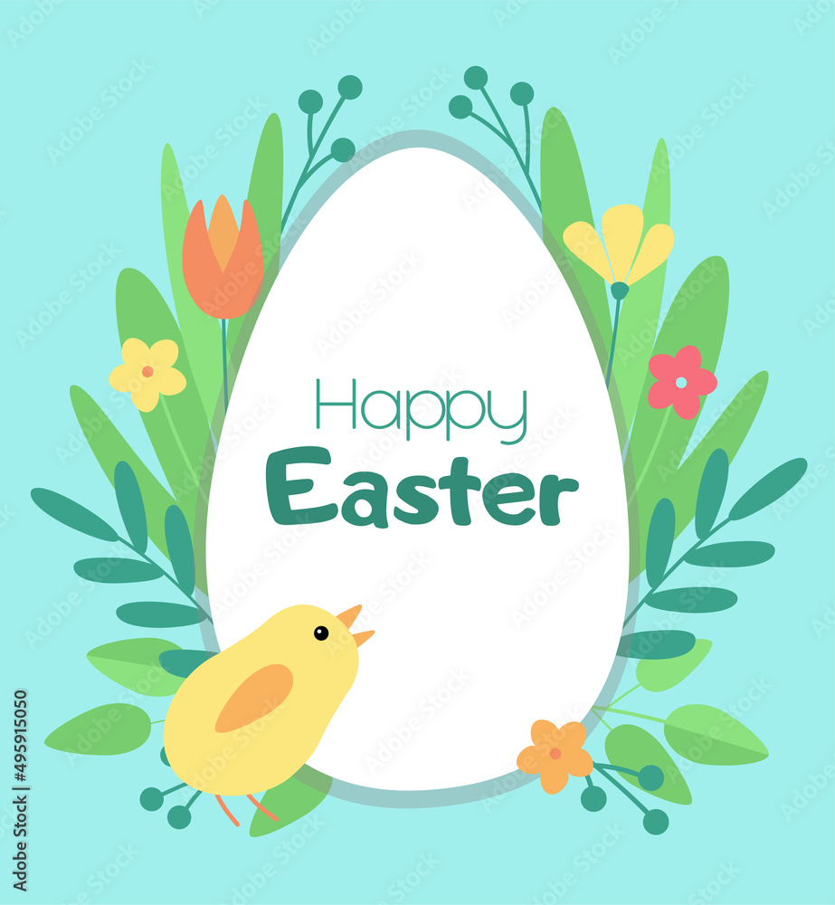 Easter holiday card. Vector illustration with a holiday greeting decorated with spring flowers, leaves and little chicken. Flat design.