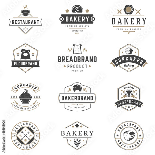 Bakery shop labels and badges design templates set vector, pastry food or bake house logos. Typography emblems graphics with silhouettes and symbols.