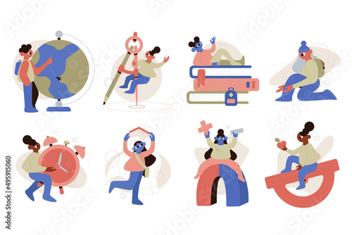 Set vector flat cartoon illustrations. Illustrations on a school theme. School subjects and students.