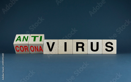 Cubes form the words Coronavirus and antivirus. Concept of medicine, health, immunity and health care