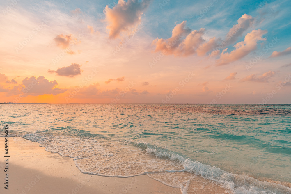 Closeup sea sand beach. Panoramic beach landscape. Inspire tropical beach seascape horizon. Orange and golden sunset sky calmness tranquil relaxing sunlight summer mood. Vacation travel holiday banner - obrazy, fototapety, plakaty 