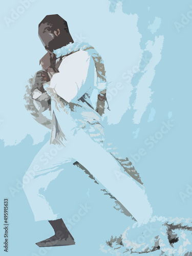dark-skinned man on a blue background dressed in white clothes holding ropes (ID: 495915633)
