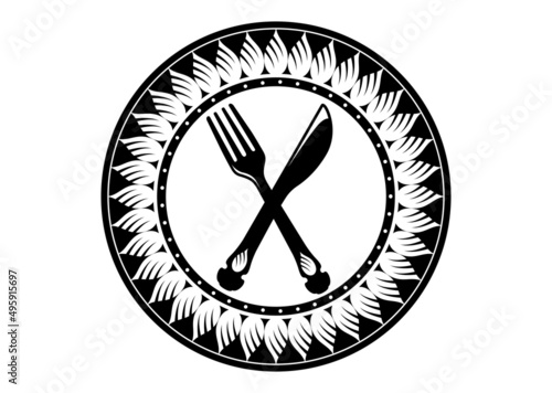 Set of vintage tableware with fork, knife, flower design plate icon illustration. Antique table cutlery isolated on white, to use in restaurant menu, advert and flyer. 