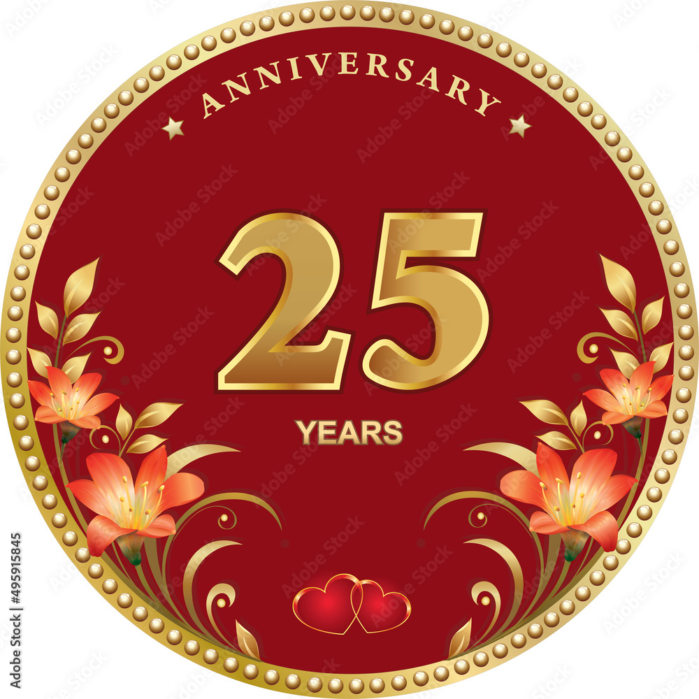 Anniversary 25 years, greeting card with flowers of lilies and hearts