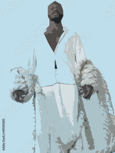 dark-skinned man on a blue background dressed in white clothes holding ropes (ID: 495915805)