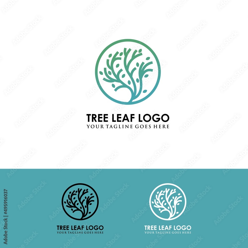 Tree circle logo icon design template. Round garden plant natural line symbol. Green branch with business sign leaves. Vector illustration.