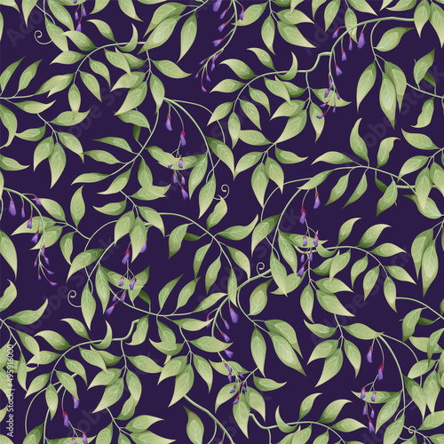 Seamless pattern with purple wisteria and green leaves on a dark background. Great for textile, fabric, wrapping paper, wallpaper.