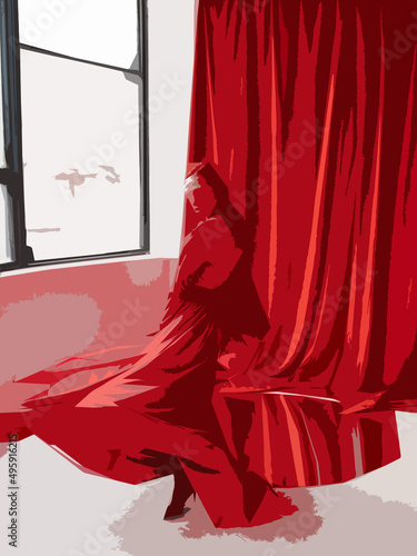 Silhouette of a girl dressed in a red dress. Which stands by the window.Behind her red background. (ID: 495916215)