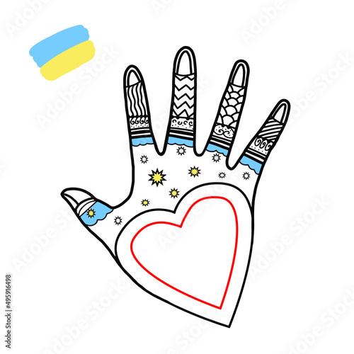 Coloring pages for adults. Solidarity with Ukraine. Hand gesture with shape of heart.