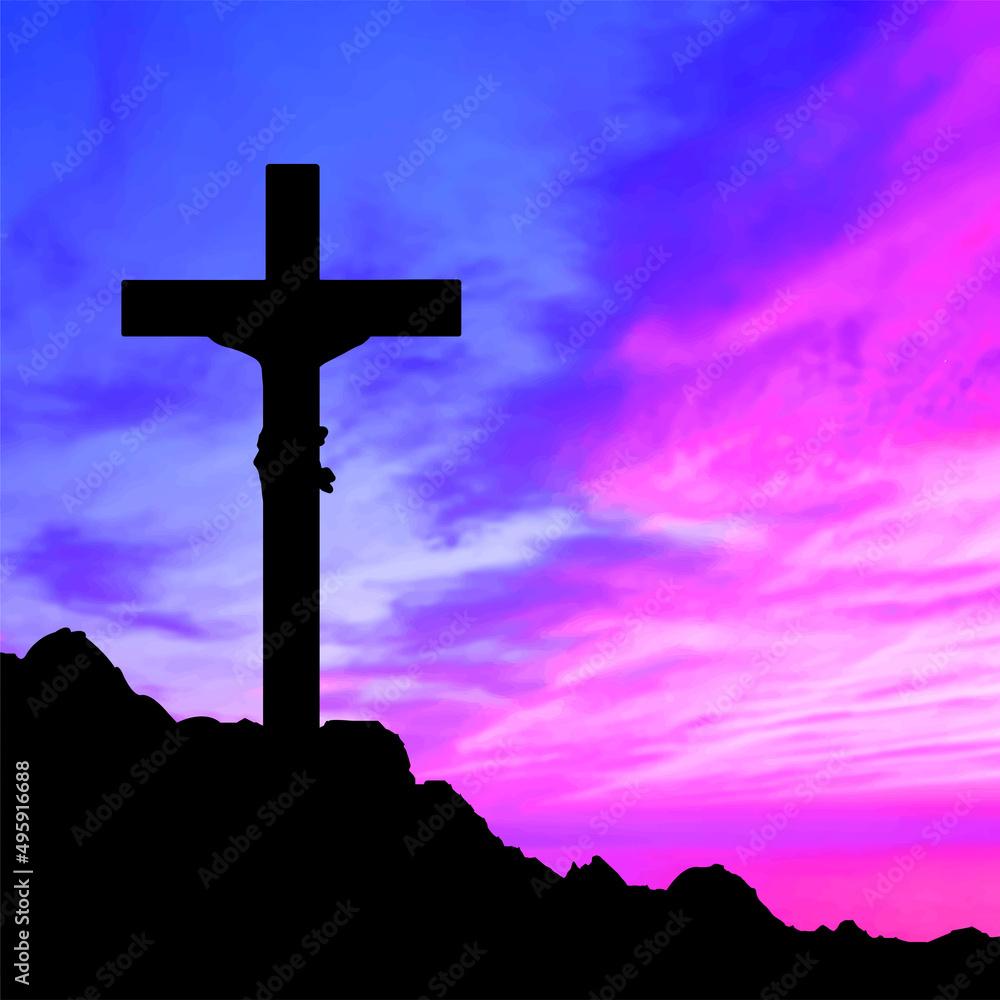 Silhouette of jesus christ with wanderful sky.
Elegant Holly week design. Ascension Day of Jesus Christ background. Beautiful sunset background vector.