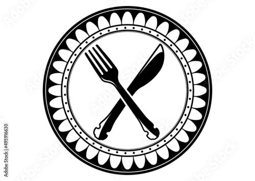 Set of vintage tableware with fork, knife, flower design plate icon illustration. Old style table cutlery isolated on white, to use in restaurant menu, advert and flyer. 