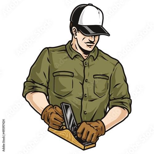 Man in gloves woodworking with plane