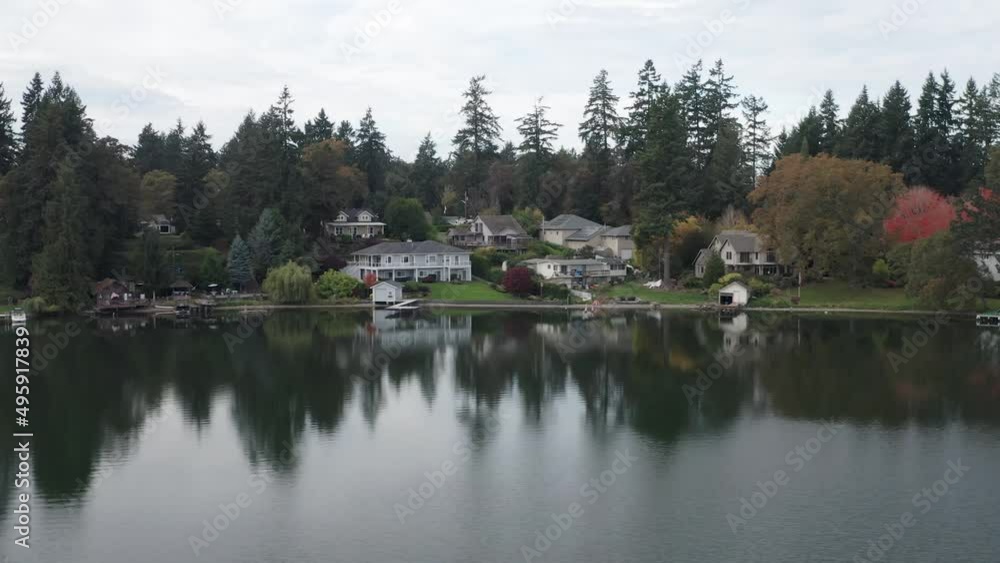 Beautiful Lakeside Neighborhood Properties in Autumn - aerial panning shot Beautiful Lakeside Neighborhood Properties in Autumn - aerial panning shot