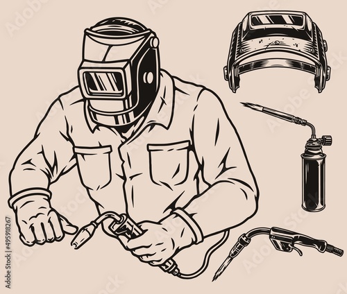 Monochrome elements set with welding worker
