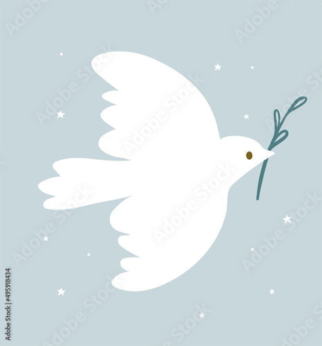 White dove with a green plant branch. Simple concept illustration, peace symbol, religious message, cute sticker, bird poster, flat kids vector illustration.