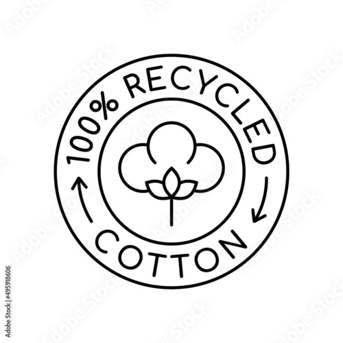100% recycled cotton logo. Fabric made from reusable materials. Renewable material label or stamp. Recycling cotton circle badge. Sustainable textile industry sign. Vector illustration, flat, clip art