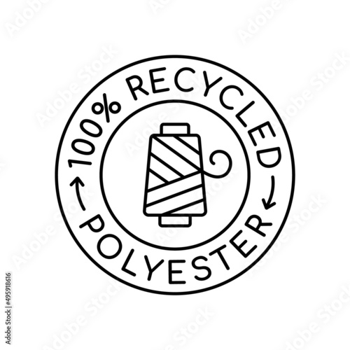 100% recycled polyester logo. Fabric made from reusable materials. Recycled material label or stamp. Recycling polyester circle badge. Sustainable product industry. Vector illustration, flat, clip art photo
