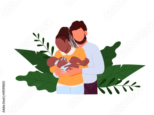 Mom and dad holding a newborn baby. Mixed marriage. Vector illustration photo