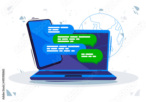 Vector illustration of an open laptop and smartphone with an online chat window, export chat between devices
