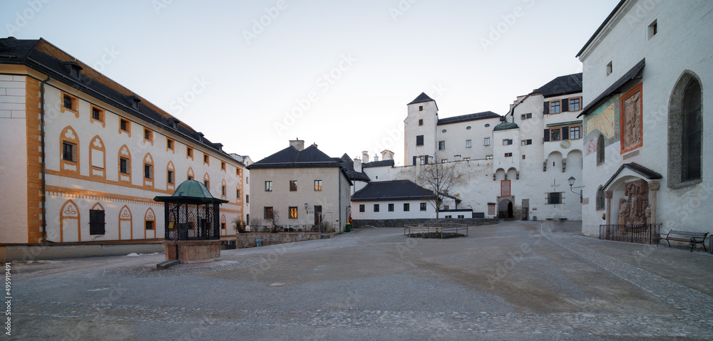 Hohensalzburg Castle inner courtyard towards the Hohe Stock and St. George Chapel in Salzburg city, Austria