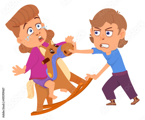 Aggressive boy hurting other kids. Bully kid character