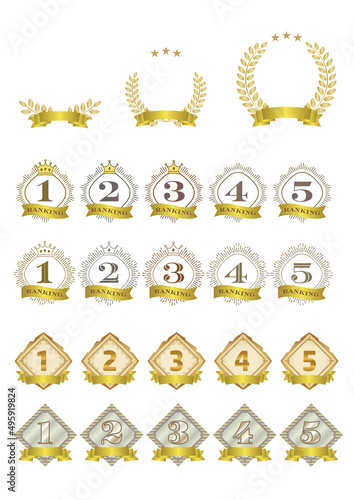 金色リボン装飾の月桂樹、星、王冠、紋章のランキングアイコンセット