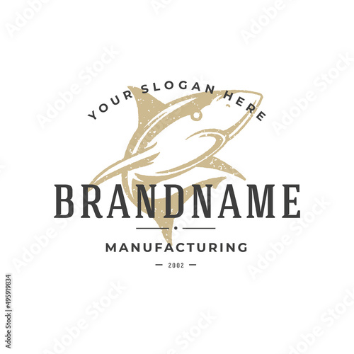 Shark hand drawn logo isolated on white background vector illustration for labels, badges, t-shirt and other design.