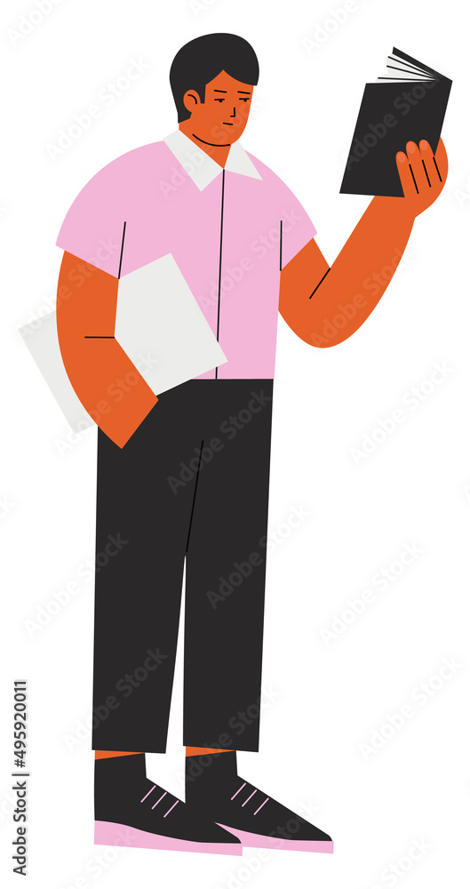 Standing man reading book. Booklover color character Standing man reading book. Booklover color character
