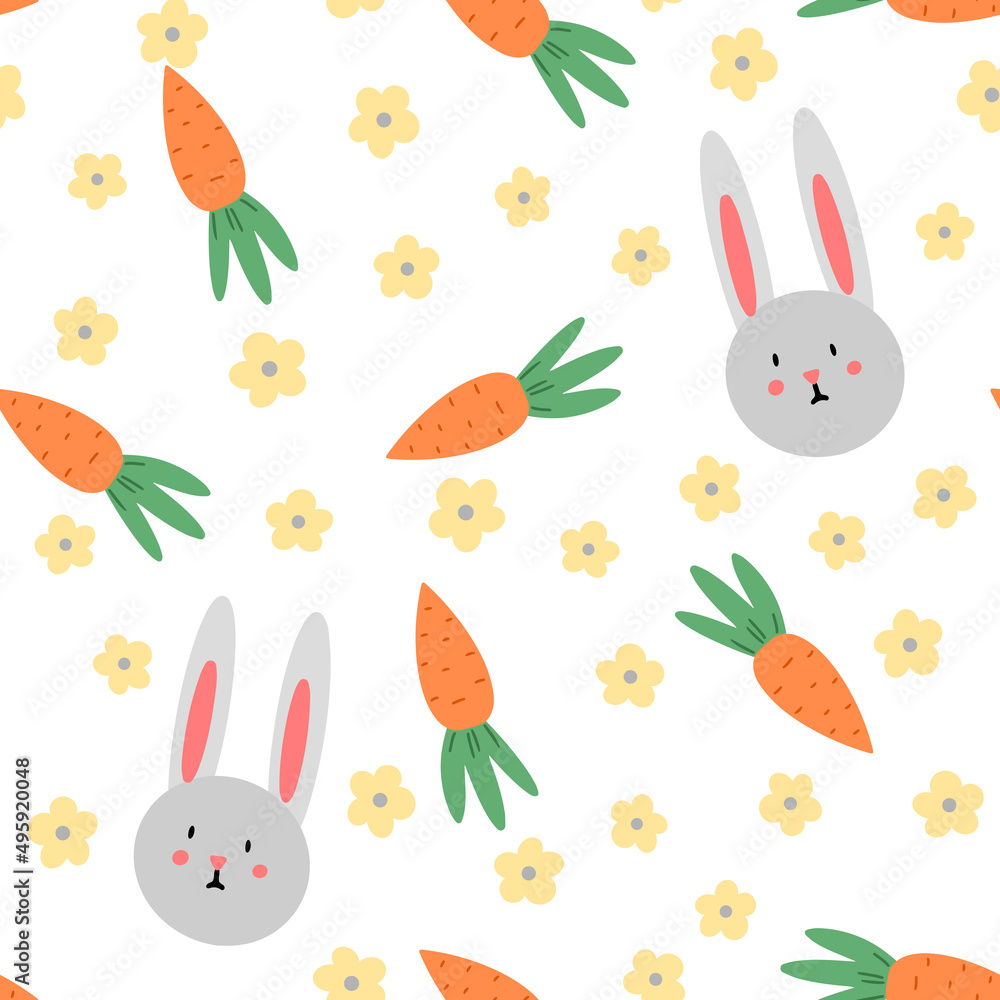 Easter bunny, flower and carrot cute seamless pattern. Happy Easter background. Vector illustration for the design of fabric, gift paper, children s clothing, textiles, cards