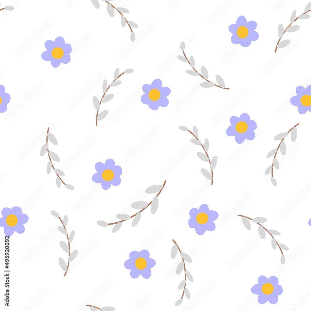 Willow and flower cute seamless pattern. Happy Easter concept. Vector illustration for fabric design, gift paper, baby clothes, textiles, cards. Willow and flower cute seamless pattern. Happy Easter concept. Vector illustration for fabric design, gift paper, baby clothes, textiles, cards.