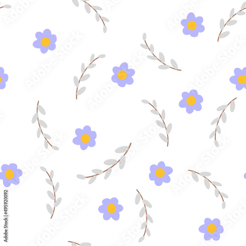 Willow and flower cute seamless pattern. Happy Easter concept. Vector illustration for fabric design, gift paper, baby clothes, textiles, cards.