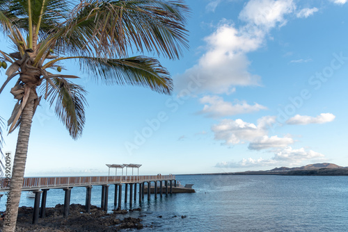 Paisaje de la costa de Lanzarote con un muelle adentrándose en un mar de agua cristalina y una palmera al lado durante un día soleado con el cielo despejado en las Islas Canarias, paraíso natural.