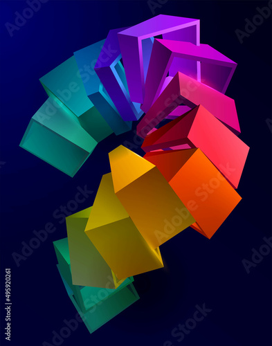 Colorful 3D cubes on dark background. Abstract geometric composition.