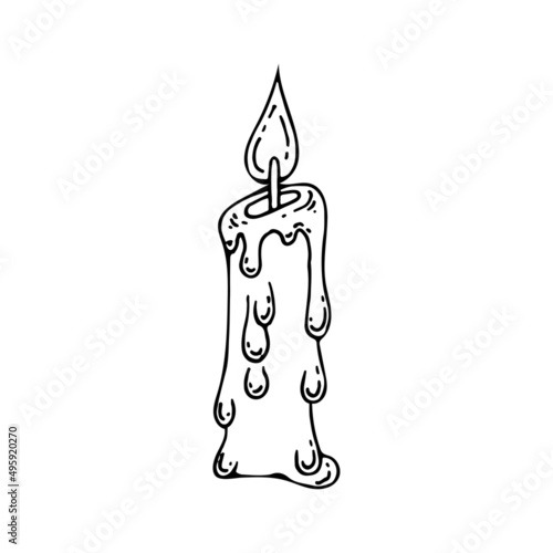 Burning candle line. A paraffin candle melts from the flame. Retro lighting. Hand drawn vector doodle illustration. Simple outline element.
