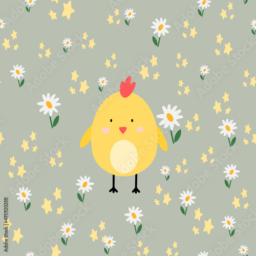 Easter chick, chamomile and stars cute seamless pattern. Happy Easter concept. Vector illustration for the design of fabric, gift paper, children s clothing, textiles, cards.