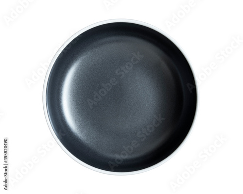 Top view of blank black food plate isolated on white background.