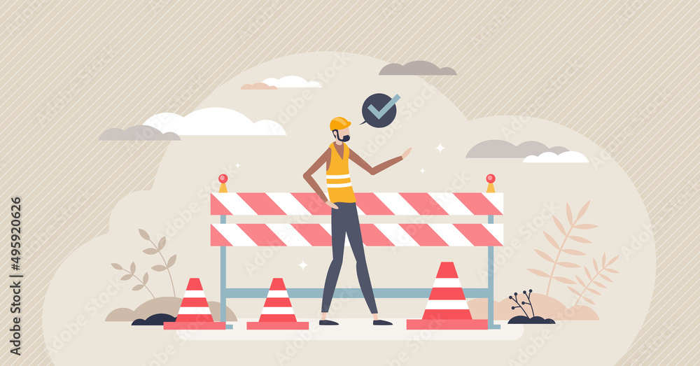 Construction safety and personal protection equipment tiny person concept. Road repair site risk prevention with striped lines, helmet and vest with safe work place rule management vector illustration - obrazy, fototapety, plakaty 