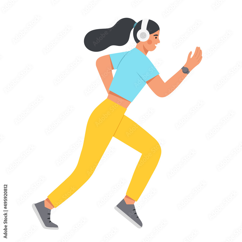 Young woman running with headphones. Healthy lifestyle, sport, jogging and self care. Flat vector illustration. Young woman running with headphones. Healthy lifestyle, sport, jogging and self care. Flat vector illustration.
