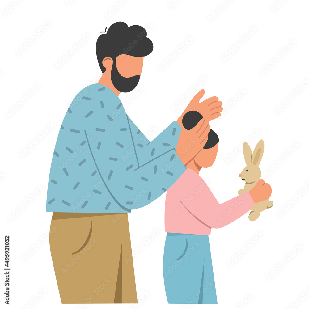 Father and child. Happy dad takes care of his daughter. Family spending time together. Father's day. Modern design for greeting card, poster, web or print. Flat vector illustration.