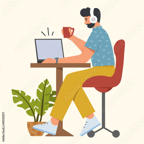 Working or studying at home office concept. Young man sitting at the table with laptop and headphones. He is watching movies, listening to music, studying or video calling. Flat vector illustration.