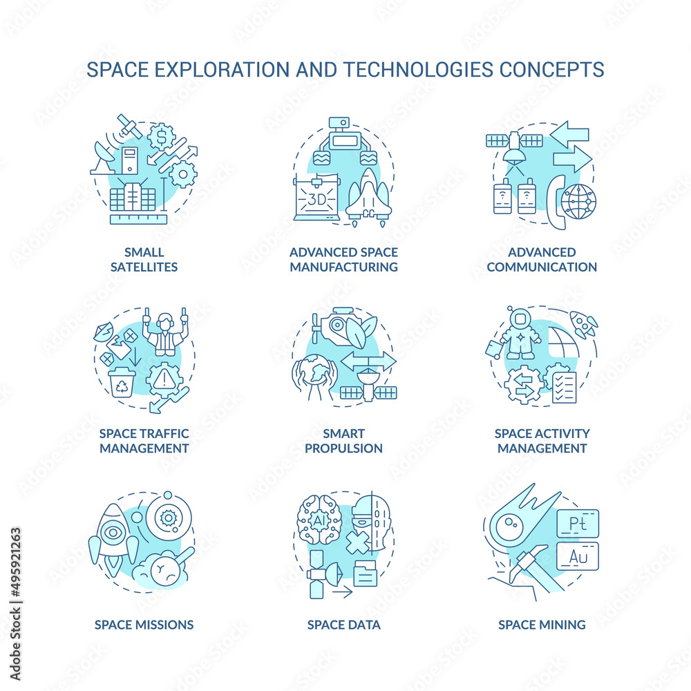 Space exploration and technology turquoise concept icons set. Science and industry idea thin line color illustrations. Isolated symbols. Editable stroke. Roboto-Medium, Myriad Pro-Bold fonts used Space exploration and technology turquoise concept icons set. Science and industry idea thin line color illustrations. Isolated symbols. Editable stroke. Roboto-Medium, Myriad Pro-Bold fonts used