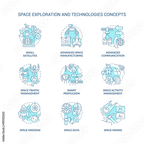 Space exploration and technology turquoise concept icons set. Science and industry idea thin line color illustrations. Isolated symbols. Editable stroke. Roboto-Medium, Myriad Pro-Bold fonts used