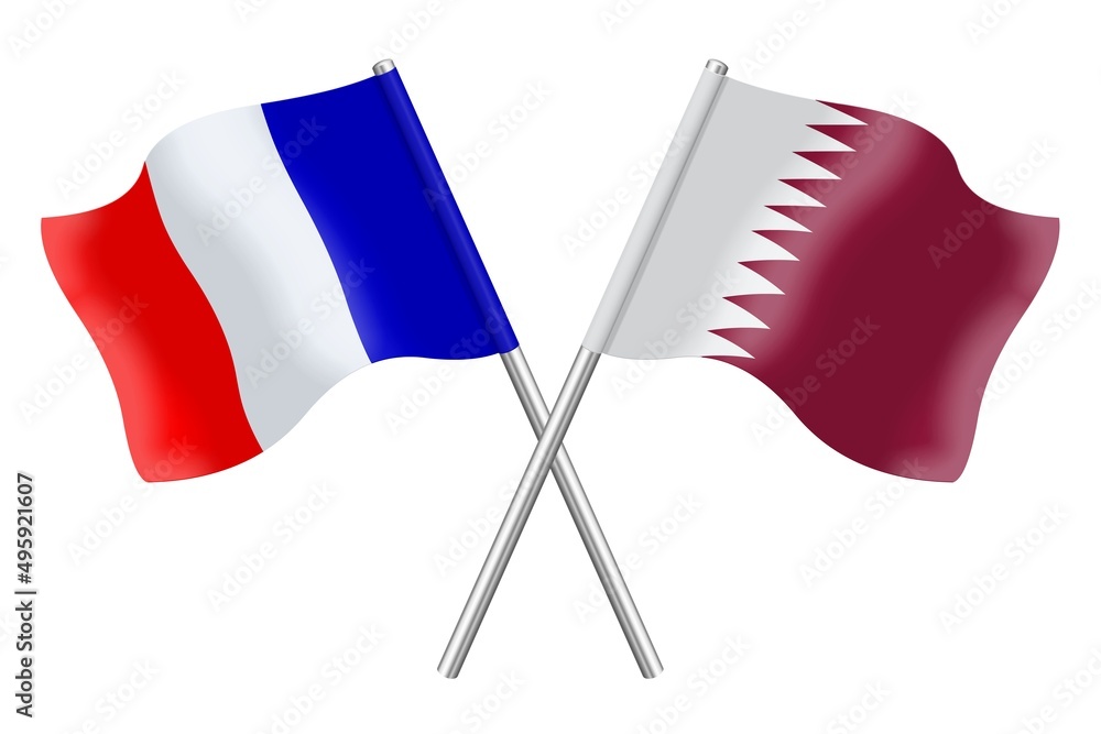 3D illustration flags of France and Qatar isolated on a white background 3D illustration flags of France and Qatar isolated on a white background