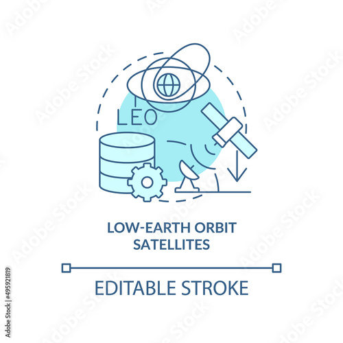Low-earth orbit satellites turquoise concept icon. Wireless system. Spacetech trend abstract idea thin line illustration. Isolated outline drawing. Editable stroke. Arial, Myriad Pro-Bold fonts used